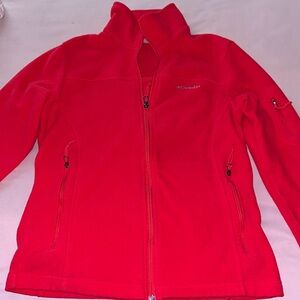 Bright pink Columbia fleece sweater.